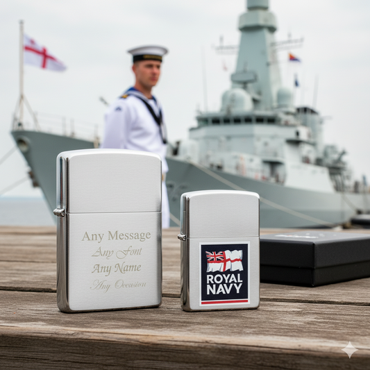  Engraved Royal Navy Official Zippo Windproof Lighter in a UK naval scene on a wooden surface with a naval ship in the background.