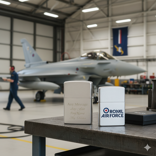 Engraved personalised Zippo lighter on a table with a fighter jet in the background inside an air force base hangar.