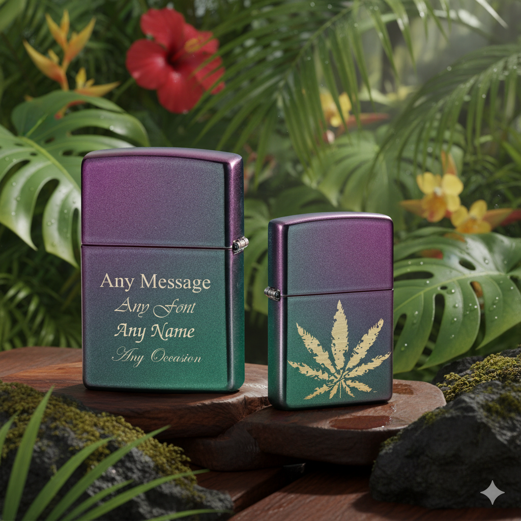 Engraved Iridescent Marijuana Leaf Official Zippo Windproof Lighter with customizable text in a natural tropical background