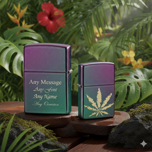 Engraved Iridescent Marijuana Leaf Official Zippo Windproof Lighter with customizable text in a natural tropical background