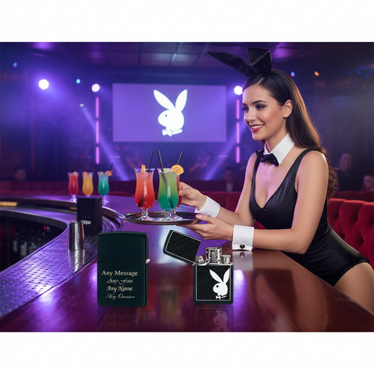Official playboy engraved zippo playboy lighter, with a waitress in the black costume with a Playboy Bunny logo at a bar serving colourful cocktails.