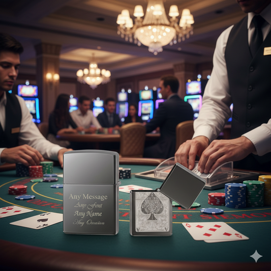 Ace of spades engraved zippo lighter in a Casino setting with card shuffler and playing cards on a table.