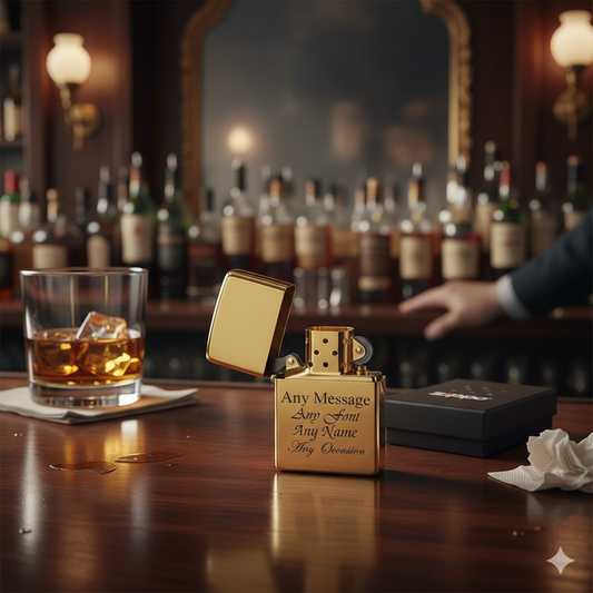Brass Jack Daniel's zippo lighter with personalised engraving on a bar counter with a glass of whisky and decorative elements.