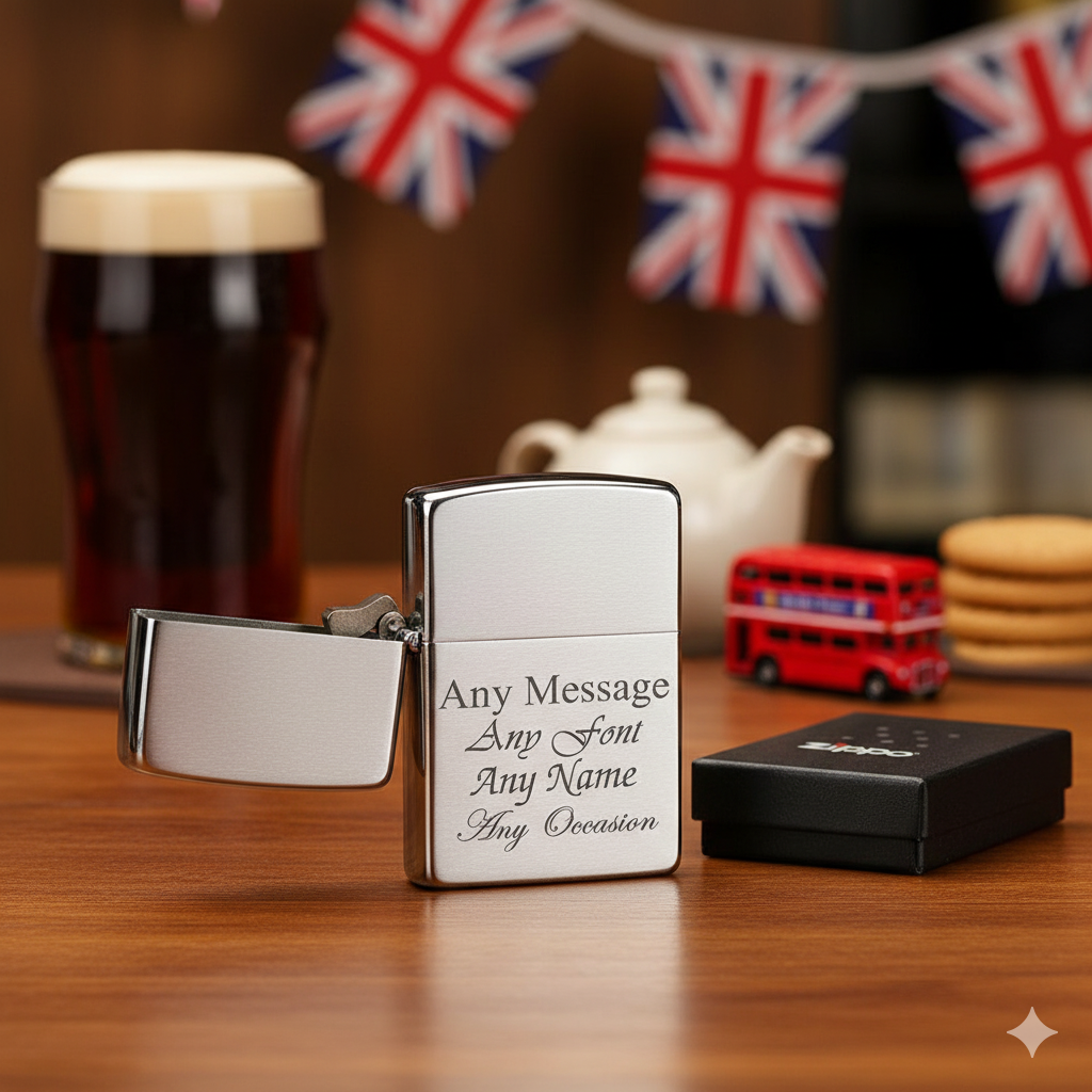 Engraved Brushed Chrome Union Jack Zippo, Official Zippo lighter