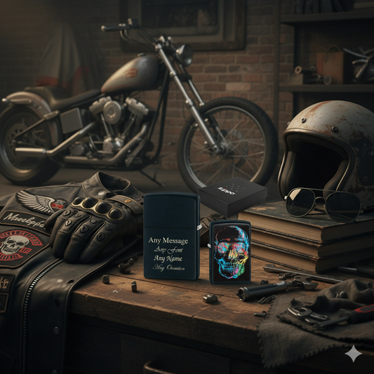 Zippo ;lighter with multicoloured skull personalised with engraved message in a biker setting