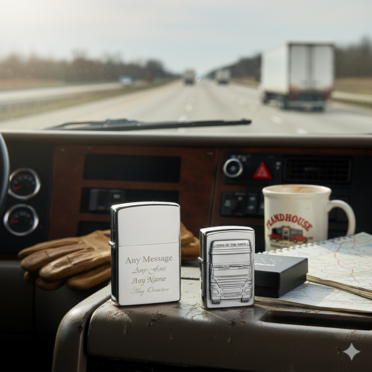 Engraved Zippo lighter on a truck dashboard with a road and truck in the background