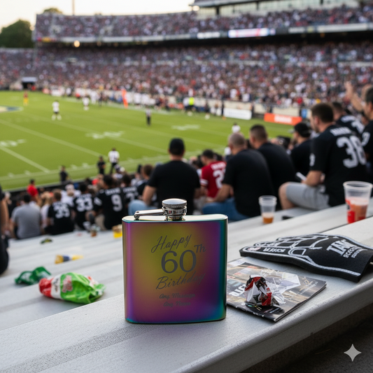 Colourful rainbow Zippo engraved hip flask with 'Happy 60th Birthday' text at a sports event.