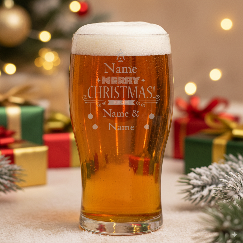 Gift Boxed Engraved Tulip Pint Glass with Merry Christmas From Design filled with beer and has a festive background