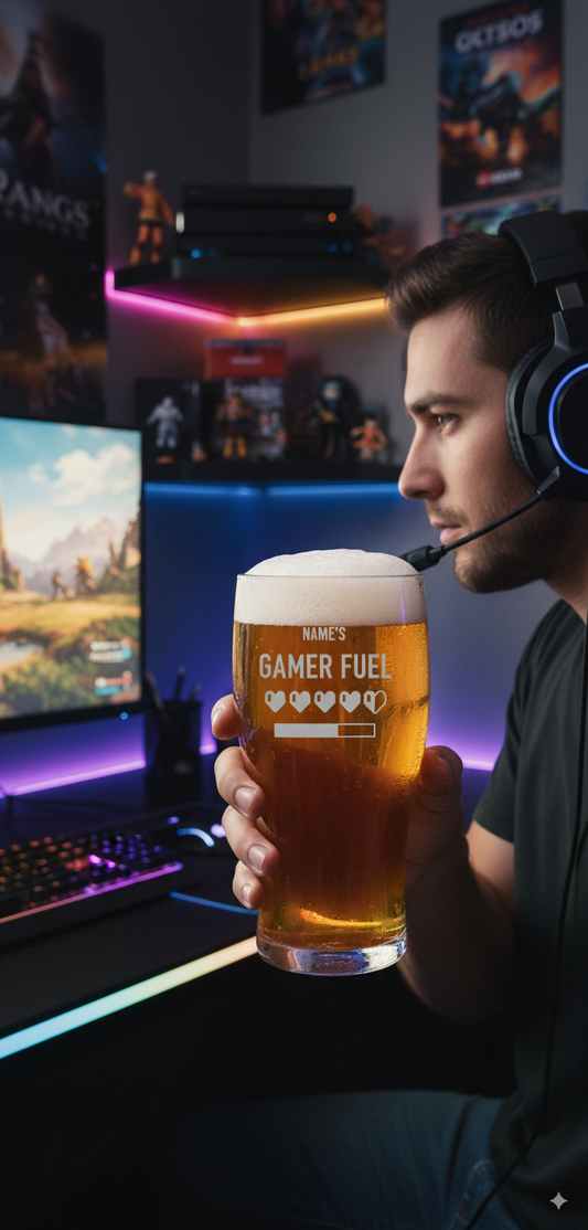 Person holding a pint glass of beer labeled 'Gamer Fuel'with engraved hearts  in a gaming setup. Personalise wth your own name