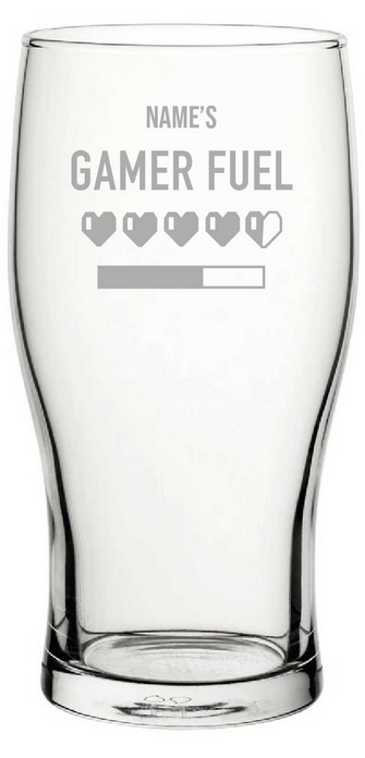 Clear glass with engraved text name loves  gaming and hearts graphics on a white background 