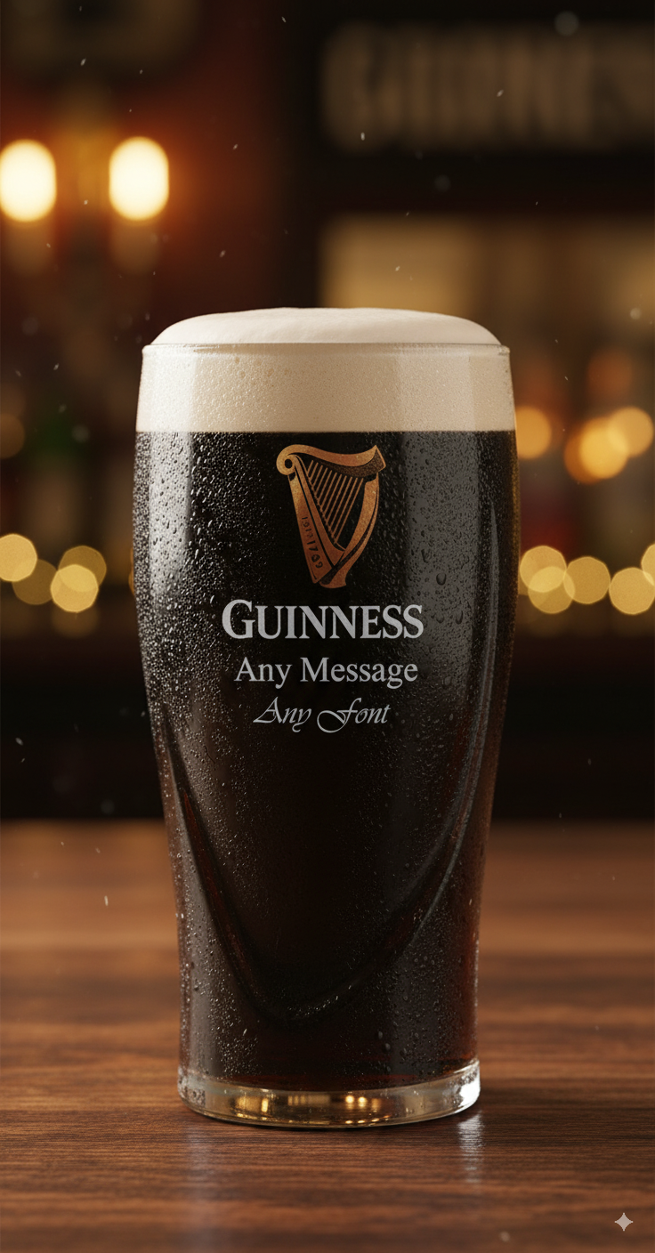 Glass of Guinness beer with a blurred bar background WITH PERSONALISED ENGRAVED MESSAGE