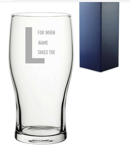 gaming beer Clear glass with engraved text on a white background