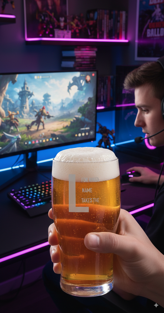 GAMER holding a pint  beer in front of a computer setup with gaming monitor and RGB lighting.personalise with name