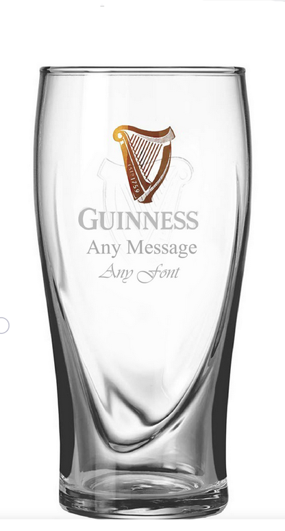 Clear glass with Guinness logo and customizable text on a white background