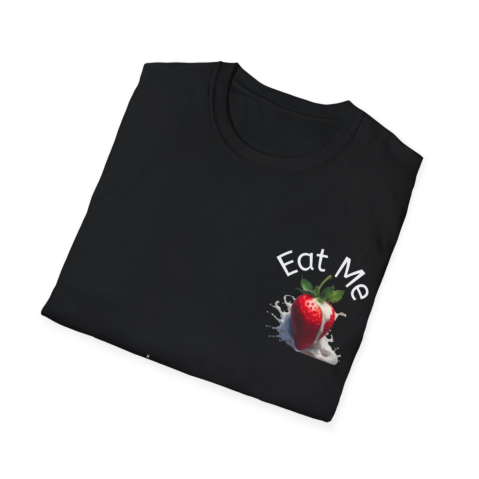 Black t-shirt with a graphic of a red apple and 'Eat Me' text on a white background
