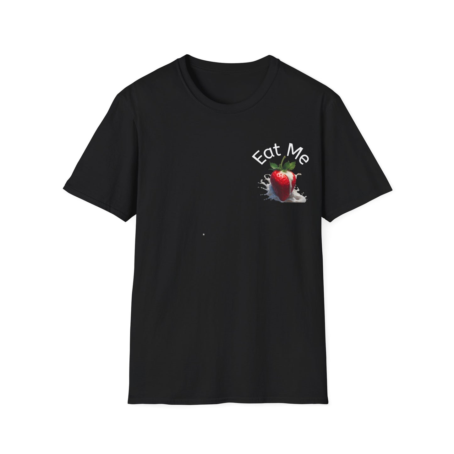 Black t-shirt with a strawberry and cream graphic and 'Eat Me' text on a white background