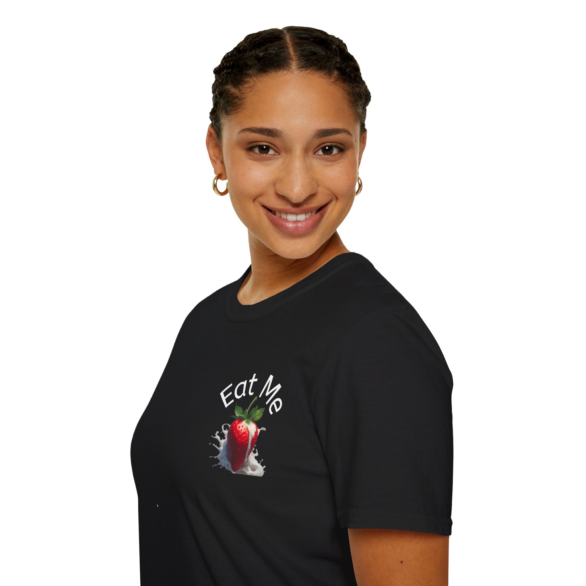 Person wearing a black t-shirt with a graphic design and text on a white background