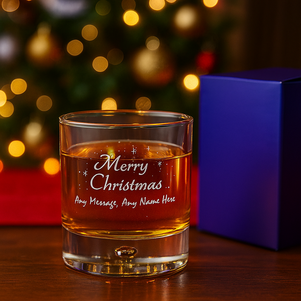 Glass of whiskey with 'Merry Christmas' engraving in front of a blurred festive background