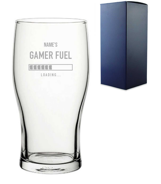 Clear glass with 'Gamer Fuel' text and loading bar design, next to a blue gift box on a white background. 