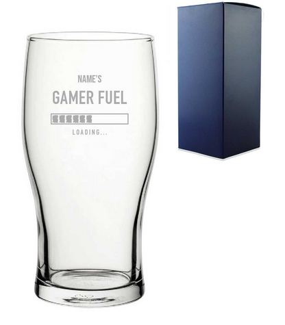 Clear glass with 'Gamer Fuel' text and loading bar design, next to a blue gift box on a white background. 
