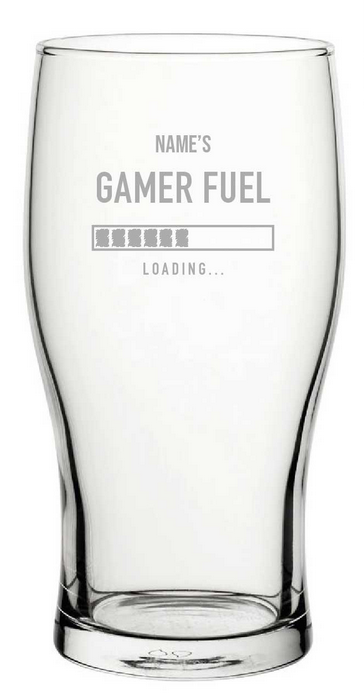 Clear glass with 'Gamer Fuel' text and loading indicator on a white background