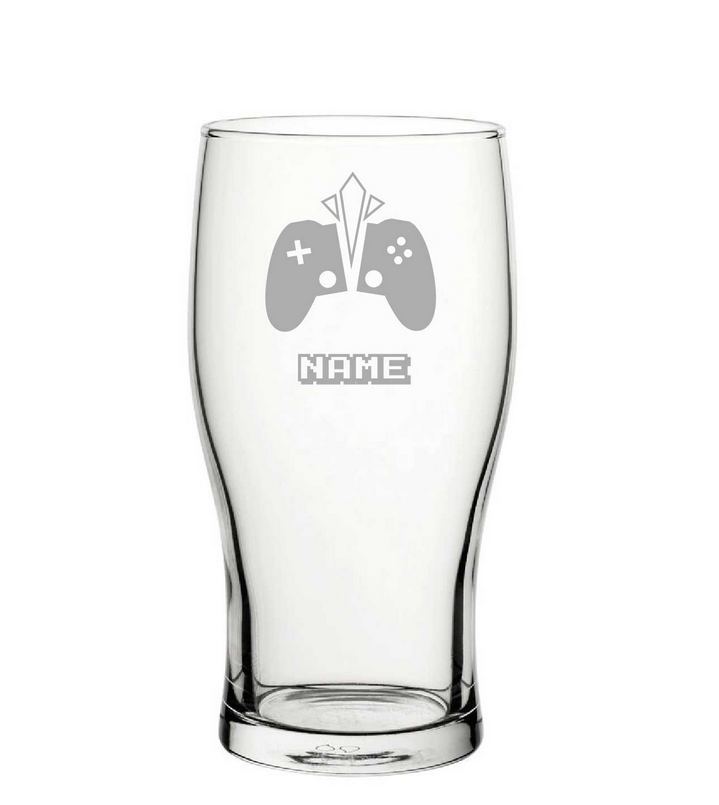 Clear glass with a gaming controller design and 'NAME' text on a white background