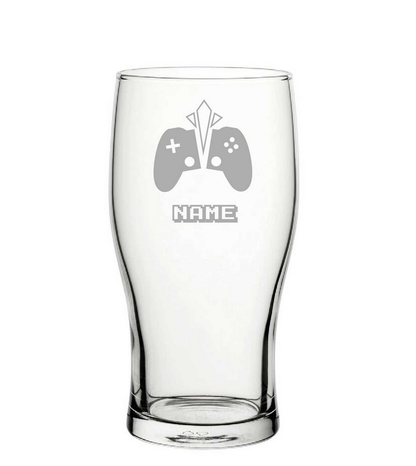 Clear glass with a gaming controller design and 'NAME' text on a white background