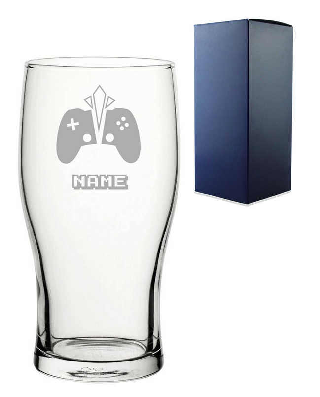 Clear glass with gaming controller design and 'NAME' text, next to a blue gift box on a white background