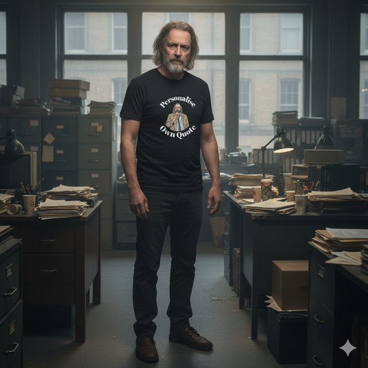 Jackson Lamb, Slow horses wearing a black personalised t shirt in his slough house office