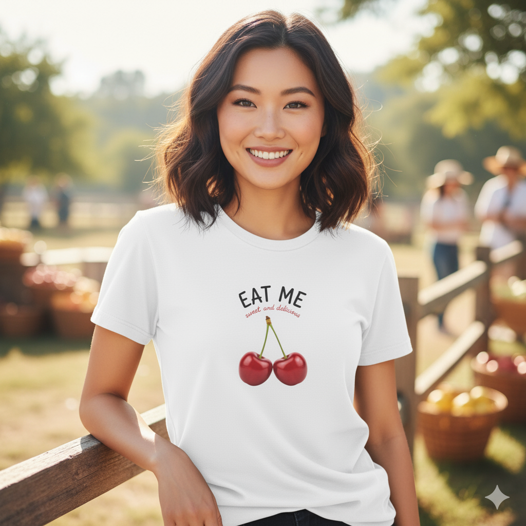 A woman wearing a white t-shirt with a  large cherry graphic and text, eat me sweet and delicious, standing outdoors.