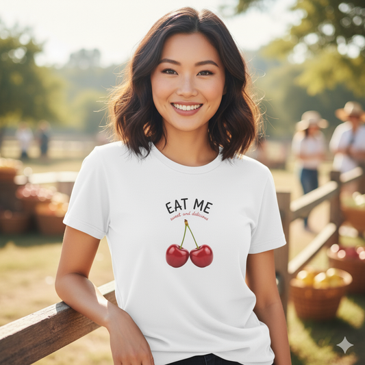 A woman wearing a white t-shirt with a  large cherry graphic and text, eat me sweet and delicious, standing outdoors.