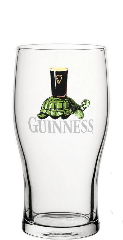 Personalise Clear glass with a tortoise and Guinness bottle design on a white background