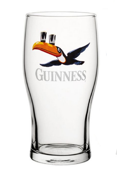 Guinness glass with toucan logo on a white background