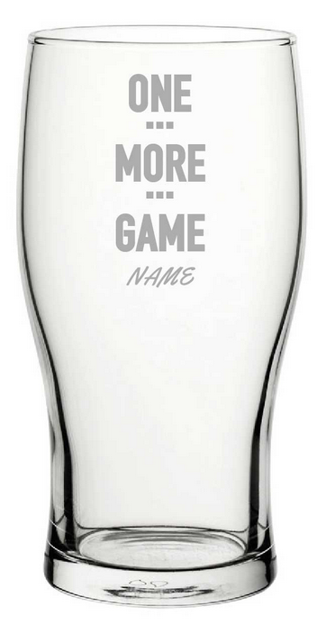 Clear glass with engraved text 'ONE MORE GAME NAME' on a white background