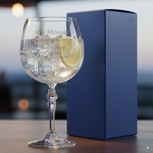 Engraved 22oz Bar Gin Balloon Glass with gin and tonic & lemon slice in the glass