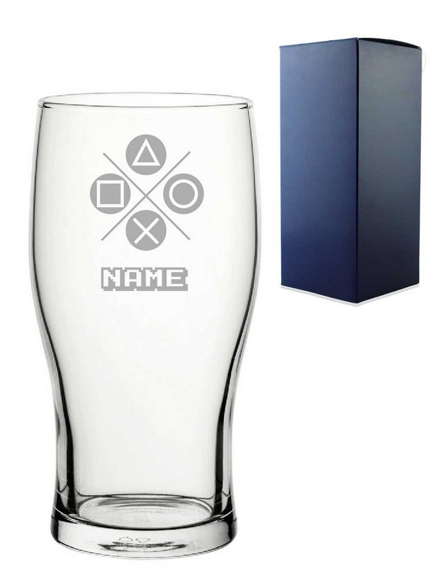 
Home > Beer Glasses
Engraved Pint Glass with Play Controller Button Design, Gift Boxed, Personalise with any name for any gamer 