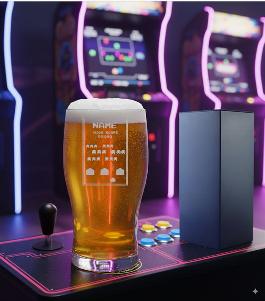pint gamer mug personalise with name space arcade theme with blue gift box