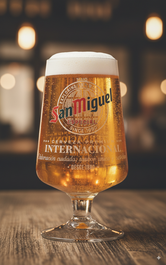Glass of San Miguel beer on a wooden surface with a blurred background